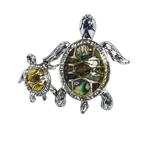 Napier Silver Tone Sea Turtle And Baby Faux Abalone Brooch (6090) - Picture 1 of 6